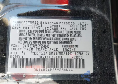 2015 Nissan Sentra S z USA, uszkodzony, nr VIN 3N1AB7AP5FY254646